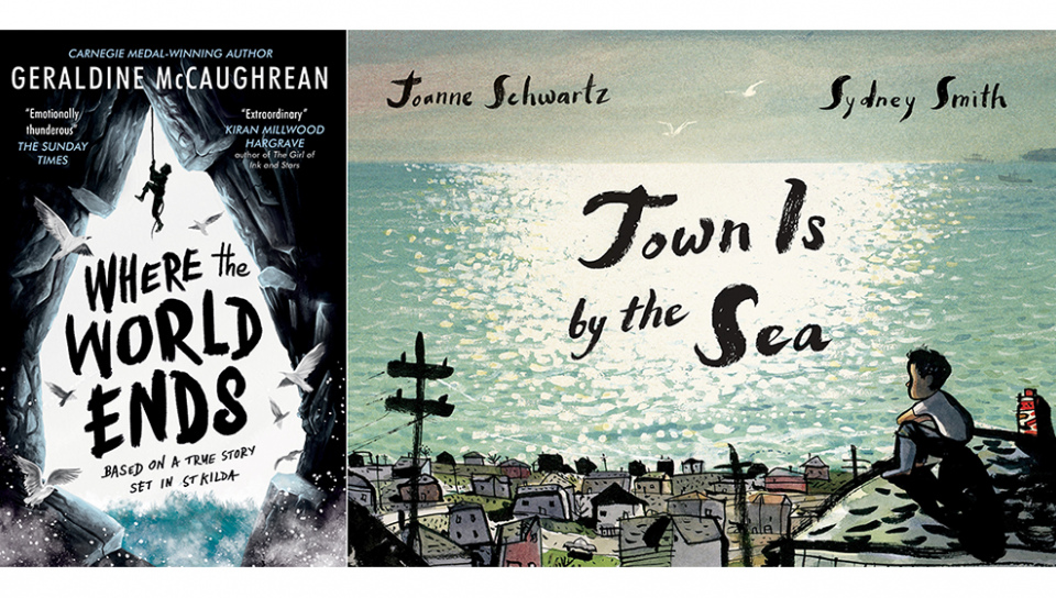 潔若婷．麥考琳以《世界結束的地方》(左)獲得卡內基文學獎；凱特．格林威獎則頒發給加拿大插畫家席尼．史密斯與作家喬安妮．施瓦茲合作的繪本《海邊小鎮》
