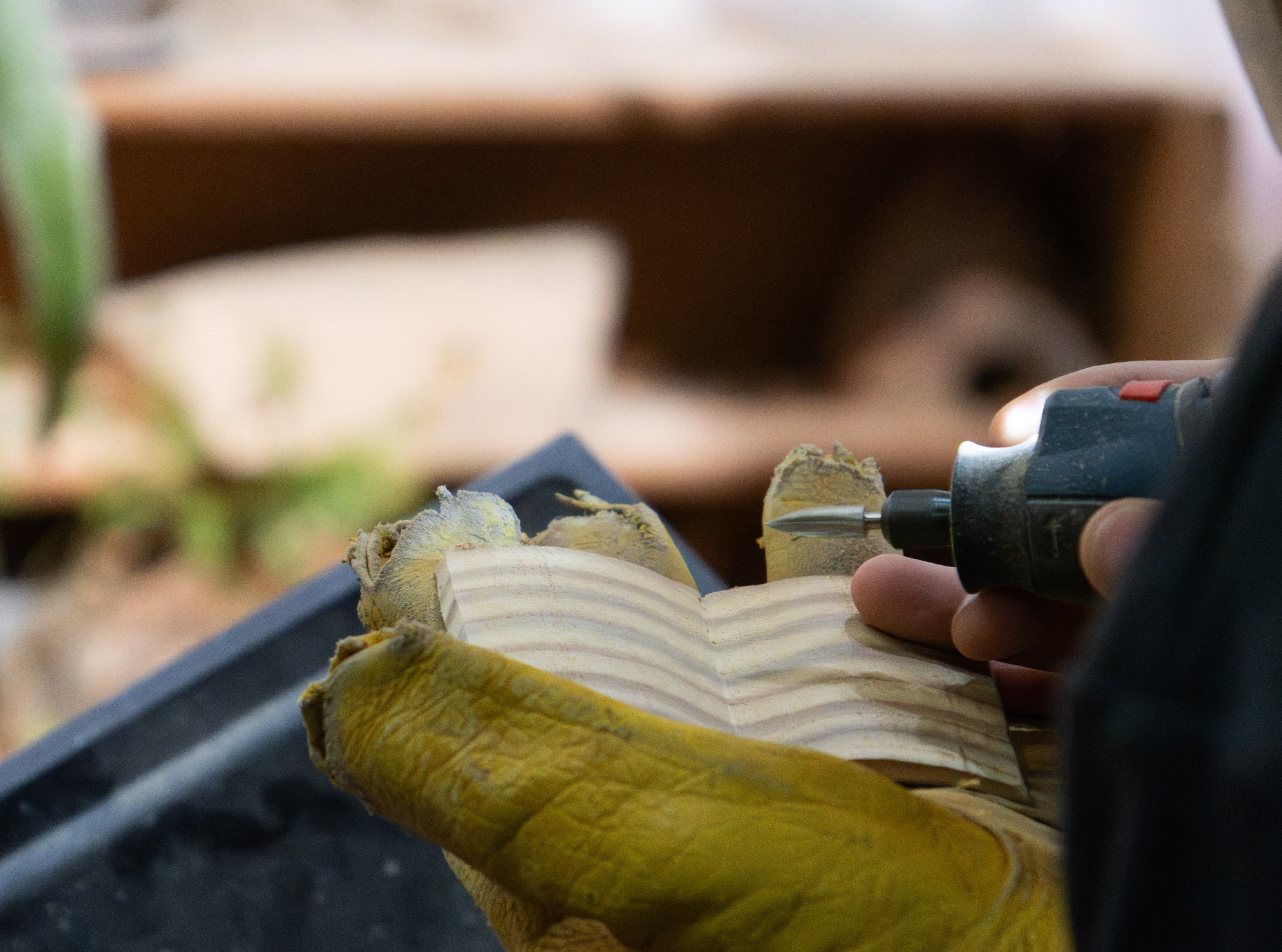 手持各種器械,刻畫側邊書頁的線條與細節