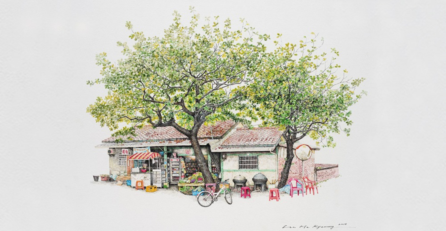 受到日、台、法多國歡迎的韓國畫家李美京，以細膩的畫筆，繪出台灣台南東山鄉吉貝耍的誌成商店